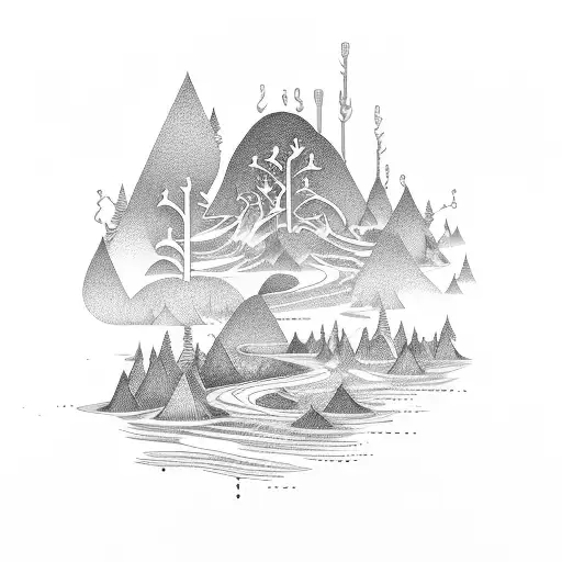 A Musical Staff With Notes Forming The Shape Of Trees And Water Flowing Through Them