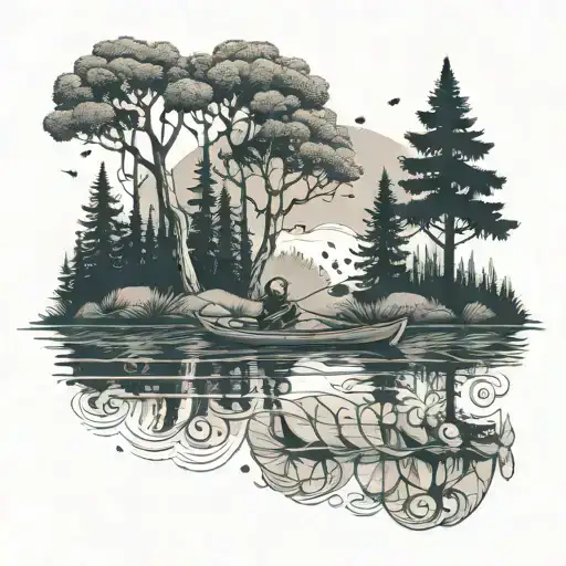 A Kayak Paddling Through A River Lined With Towering Trees And Hidden Fairy Houses