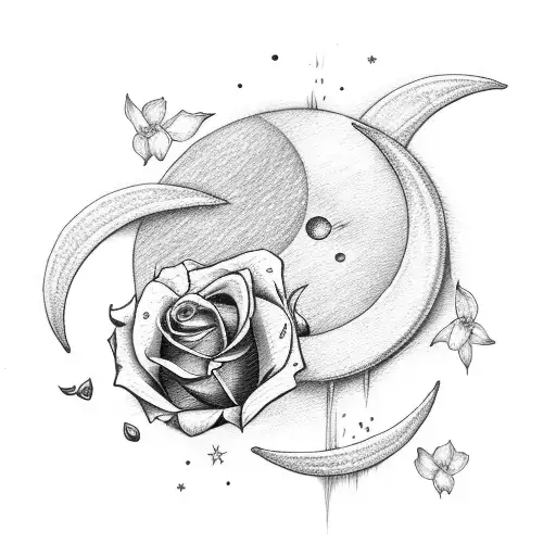 Crescent Moon With Rose And Poppy And Daffodil And Daisy