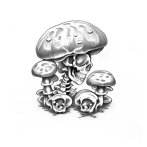 Human Skeleton Surrounded By Mushrooms