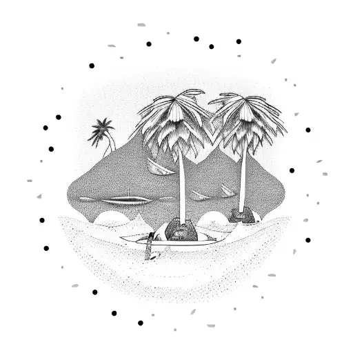 A Dotwork Illustration Of A Beach Bonfire With Surfboards And Skateboards Leaning Against Palm Trees