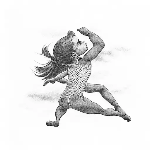 Little Girl With Red Ribbon Gymnastics Twirling Black Silouette