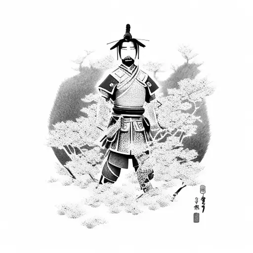 Japanese Samurai Warrior Surrounded By Cherry Blossom Trees