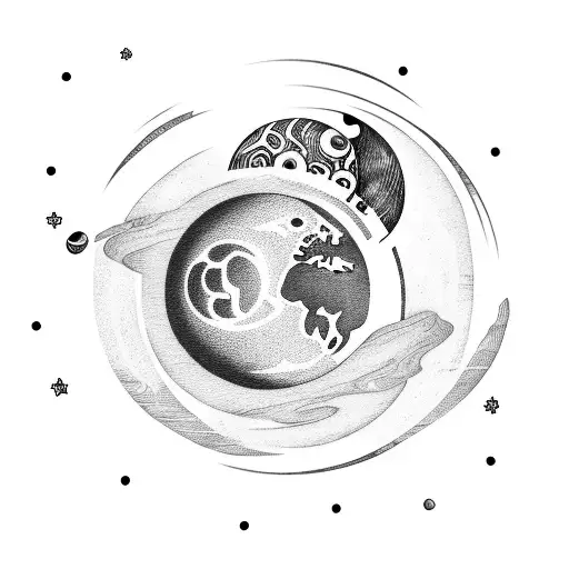 A Planet With A Coffee Bean-shaped Moon And A Guitar Orbiting Around It