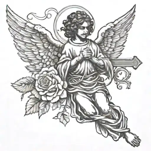 Craft A Tattoo Of A Black Angel Holding A Cross With 7 Roses At Its Feet