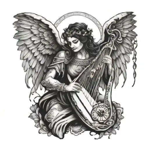 Create A Design Of A Black Angel Playing A Harp With 7 Feathers Falling Around It