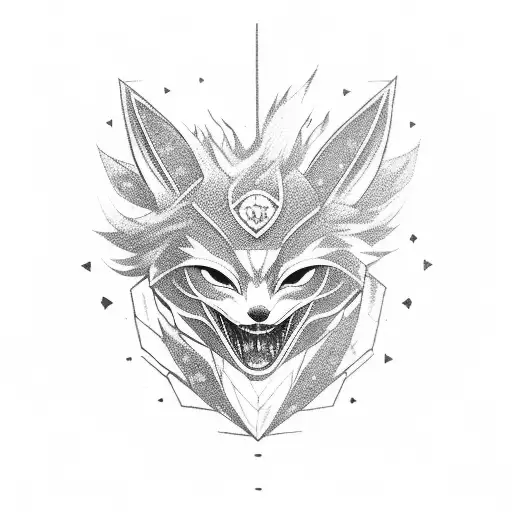 Hatsune Fox Mask With A Sword In The Middle And The Letters Bbk Vertically Written Next To It