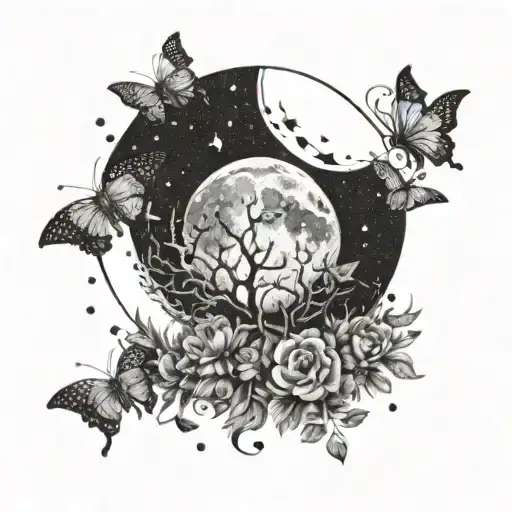 A Mystical Moonlit Scene With Butterflies Dancing Around The Moon