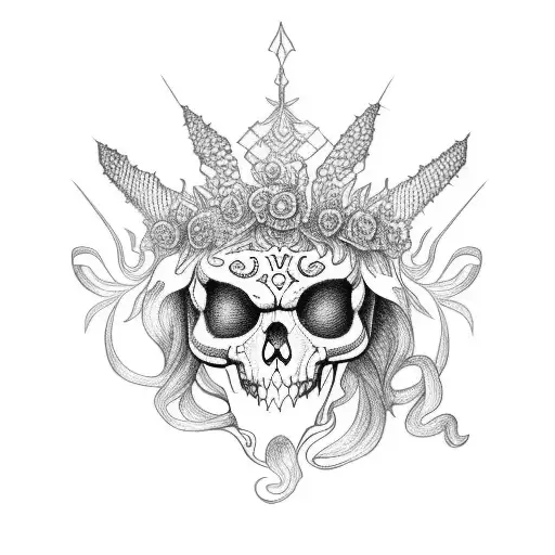 Intricate Dotwork Design Of A Caveira Wearing An Orchid Crown
