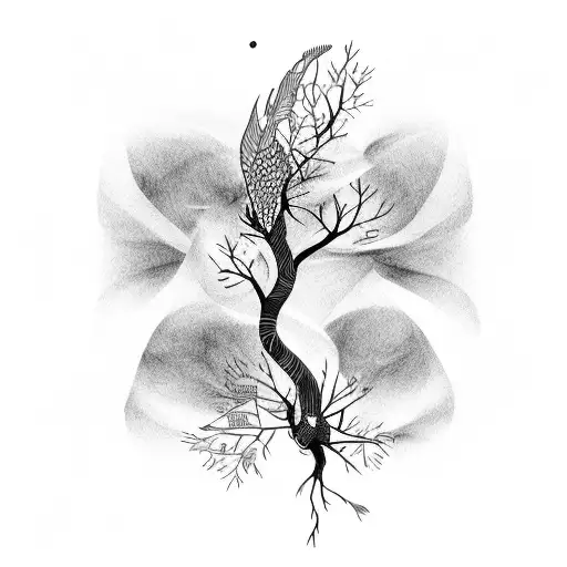 A Whimsical Composition Of A Tree Branch Transforming Into Delicate Birds In Flight