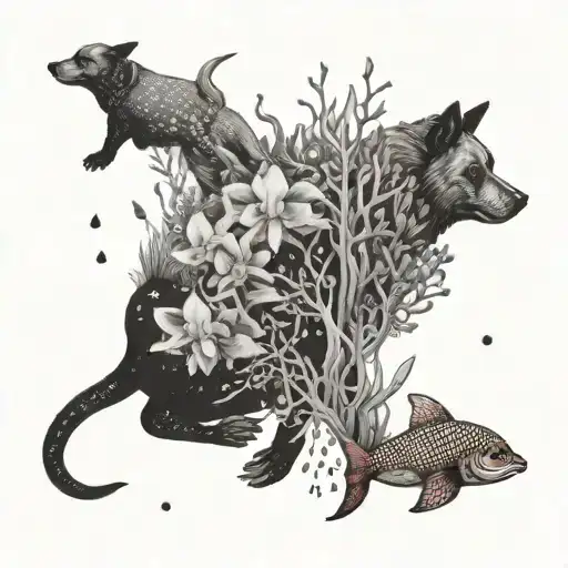 A Fantasy Underwater Scene With Swimming Dogs And Orchid Coral Reefs