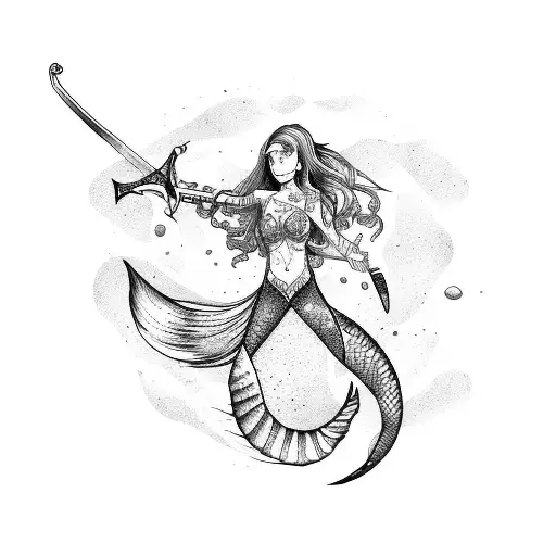 A Mermaid Holding A Sword And A Water Shield