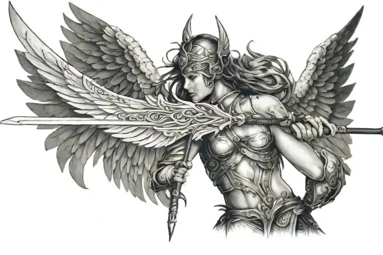 Valkyrie Warrior With Katana Wings Emerging From Her Back