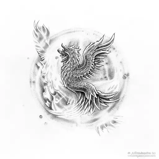 A Phoenix Rising From A Blueprint With Water And Fire Elements