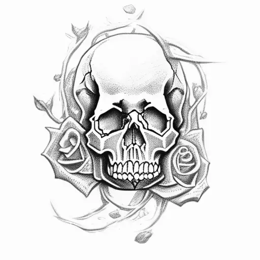 Skull With Rose And Vine And Bullet Hole