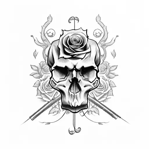 Skull With Bullet Hole And Roses With Vines