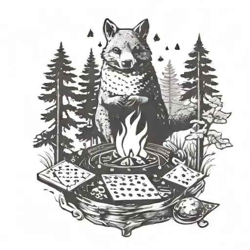 A Deck Of Cards Scattered Around A Campfire With Forest Animals Peeking Out From Behind Trees