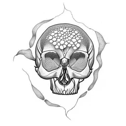 A Delicate Dotwork Tattoo Showcasing The Stages Of Fungal Growth On A Human Skull
