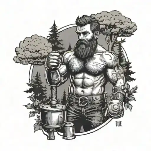 A Lumberjack In A Boxing Ring Surrounded By Trees And Axes