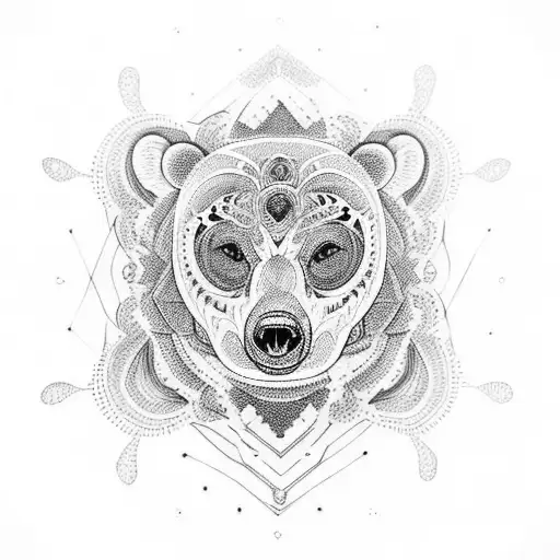 Intricate Dotwork Mandala With A Bear Silhouette