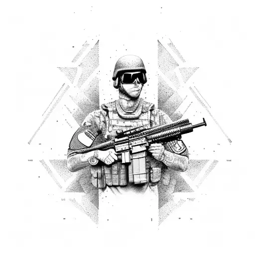 Dotwork Tattoo Of A Special Forces Soldier Holding A Tactical Gun