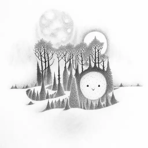 A Hauntingly Beautiful Forest With A Moonlit Sky In Dotwork Style