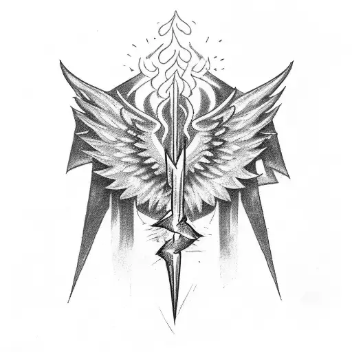 Angel Wings Wth A Flaming Sword And Lightning Bolts