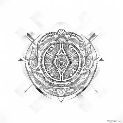 A Dotwork Design Of A Medium Turtle Surrounded By Tribal Symbols And Geometric Shapes