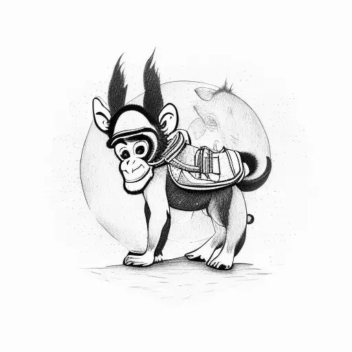 Monkey Wearing Purple Back Pack Riding A Donkey