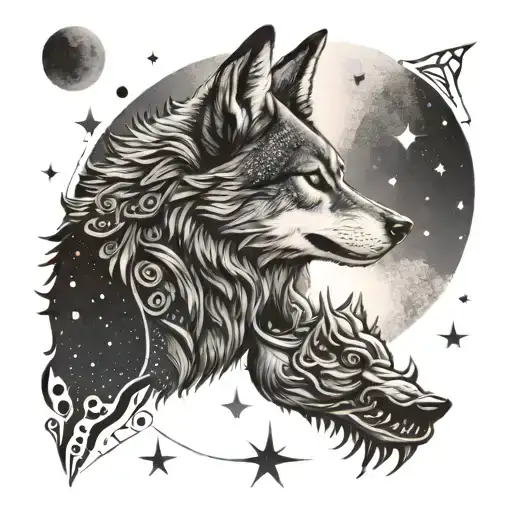 A Cosmic Scene With A Wolf Howling At The Moon While A Scorpion Holds The Sun In Dotwork Style