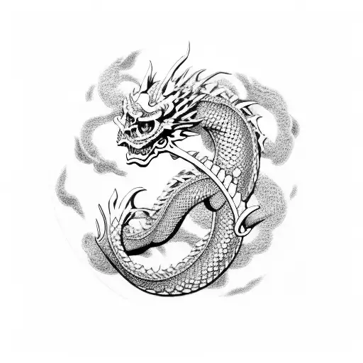 Japanese Dragon With Waves And Skull