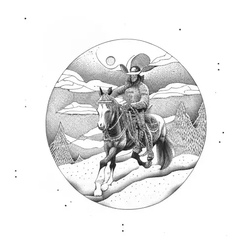 Long Mountain Scheme With Cowboy Riding In The Sunset With