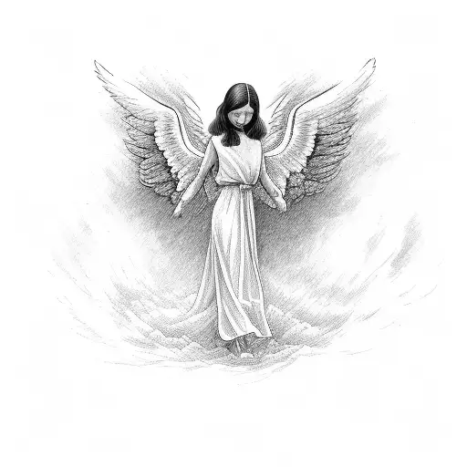 Brunette Female Angel Trying To Catch A Falling Bald Man