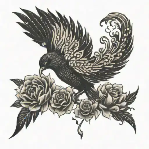 Tiny Phoenix With Flowers Blowing Around It Luminous Points