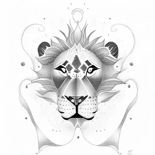 A Dotwork Tattoo Of A Lion King Playing A Guitar On A Beach With A Dog By His Side