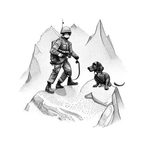 A Soldier Climbing A Mountain With A Dachshund By His Side