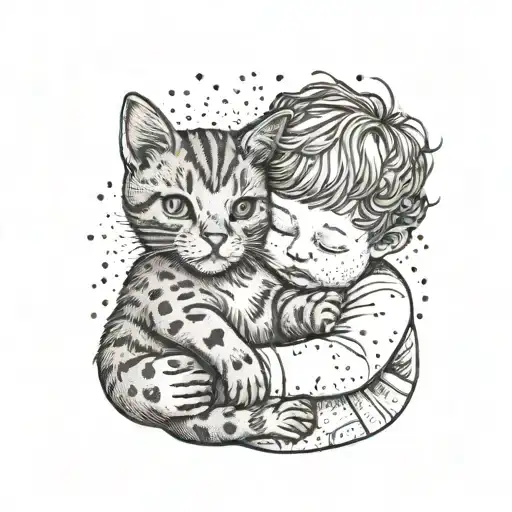 Little Child Hugging Ginger Cat