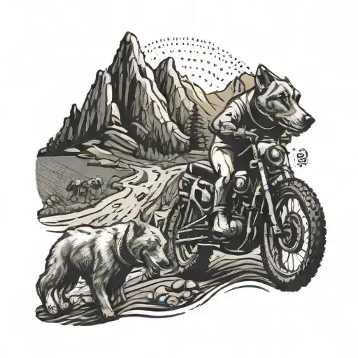 A Stylized Illustration Of A Dog Leading A Pack Of Dirt Bikers Through A Rugged Mountain Trail