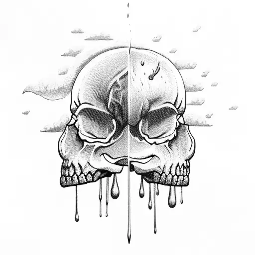 Skull With Clouds Lightening And Rain On Brain