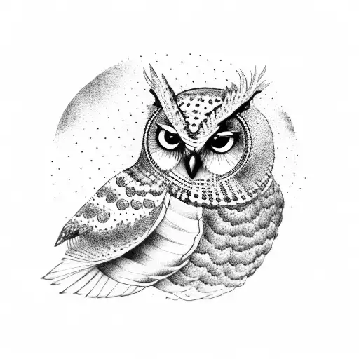 A Dotwork Tattoo Of A Detailed Owl Perched On A Vinyl Record