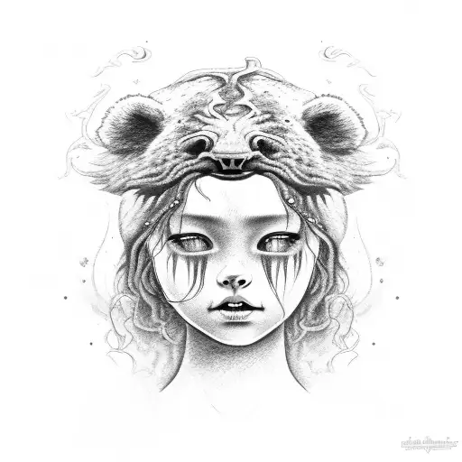 Young Girl Medusa Standing And Crying In Front Of Angry Bear
