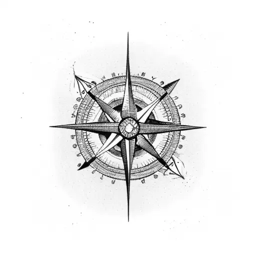 A Dotwork Tattoo Of A Compass Rose With A Fishing Hook As The Central Design Element