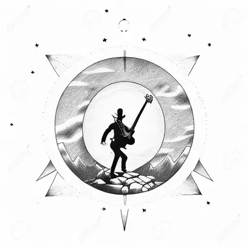 A Devil With A Guitar Standing On Top Of A Mountain Peak Under A Sun And Moon Sky