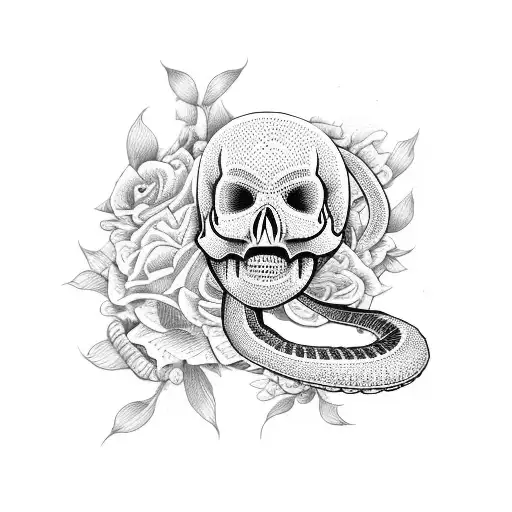 Snake In Figure 8 With Skull And Flowers