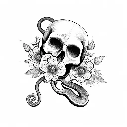 Snake In Figure 8 With Skull And Flowers