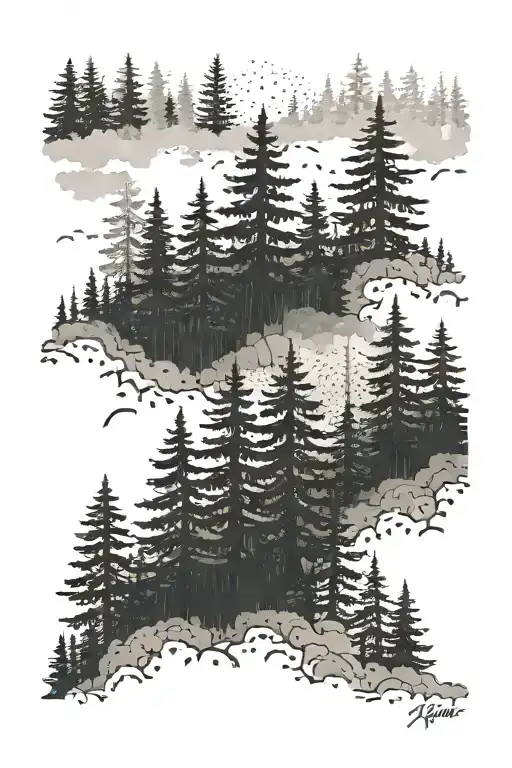 Dense Fir Forest Partially Obscured By Fog Caused By Rain Evaporation