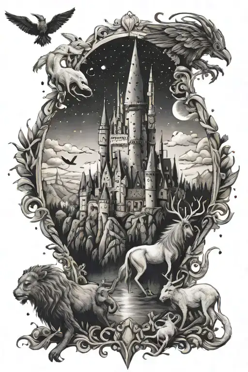 A Majestic Castle Tattoo Surrounded By Mystical Animals Inspired By Harry Potter Creatures