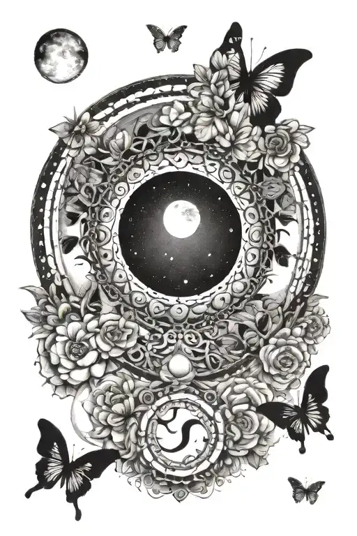 Moon Phases In Circle With Butterfly Flying In Middle