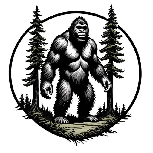 Small Design Bigfoot Standing Next To Pine Tree