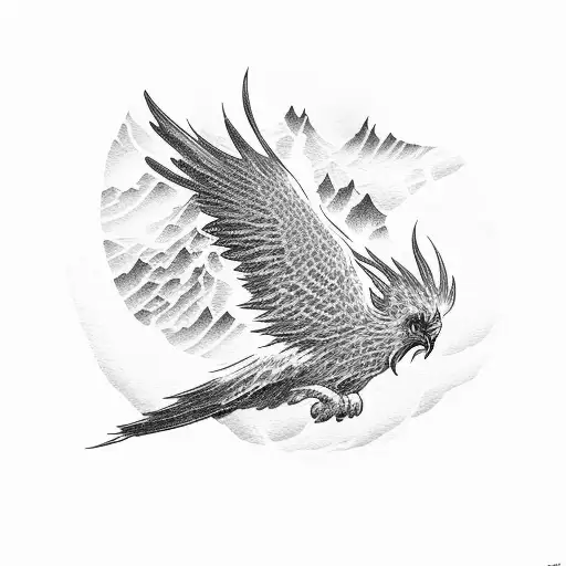 Phoenix Flying Over Dakota Mountain With Big Waves Crashing Into The Mountain